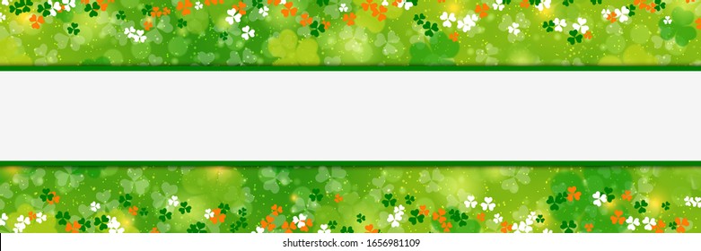 Banner-Vorlage für die St.Patrick's Day Vektorillustration. Grüner unscharfer Hintergrund mit Kleeblatt und Bokeh-Effekt