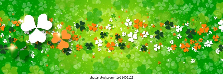 Banner-Vorlage für die St.Patrick's Day Vektorillustration. Grüner unscharfer Hintergrund mit Kleeblatt und Bokeh-Effekt
