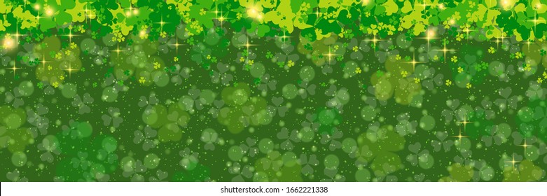 St.Patrick's Day vector banner template. Green blurred background with clover leaves and bokeh effect