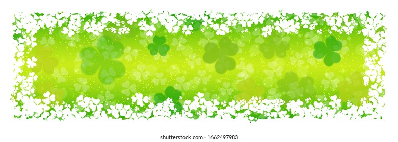 St.Patrick's Day vector banner template. Green blurred background with clover leaves and bokeh effect