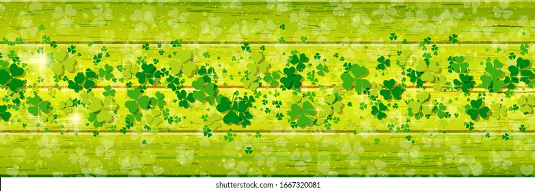St.Patrick's Day vector banner template. Wooden background with colorful clover leaves