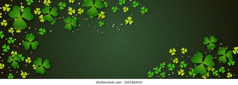 St.Patrick's Day vector banner template. Green background with colorful clover leaves