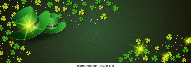 St.Patrick's Day vector banner template. Green background with colorful clover leaves and leprechaun hats