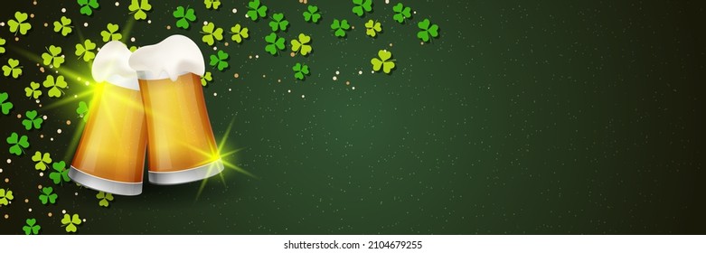 St.Patrick's Day vector banner template. Green background with colorful clover leaves and beer glasses