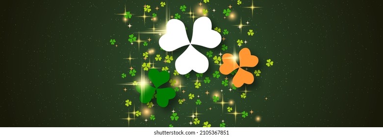 St.Patrick's Day vector banner template. Green background with colorful clover leaves