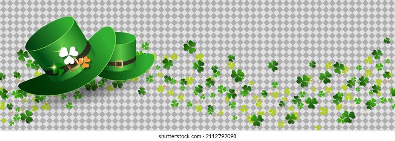 St.Patrick's Day vector banner template. Colorful clover leaves and leprechaun hats on transparent background