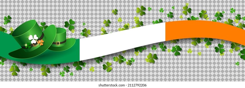 St.Patrick's Day vector banner template. Colorful clover leaves, leprechaun hat and Irish flag on transparent background