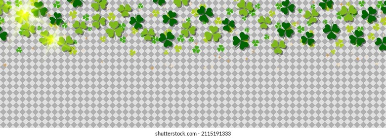 Plantilla de banner vectorial del Día de San Patricio. Hojas de trébol coloridas sobre fondo transparente