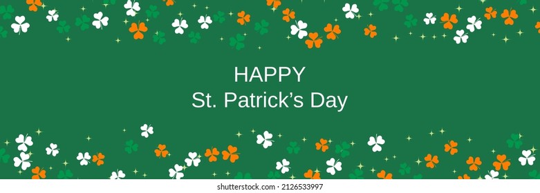 St.Patrick's Day vector banner template. Green background with colorful clover leaves