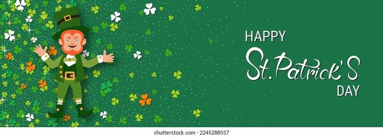 St.Patrick's Day vector banner template. Green background with colorful clover leaves and leprechaun