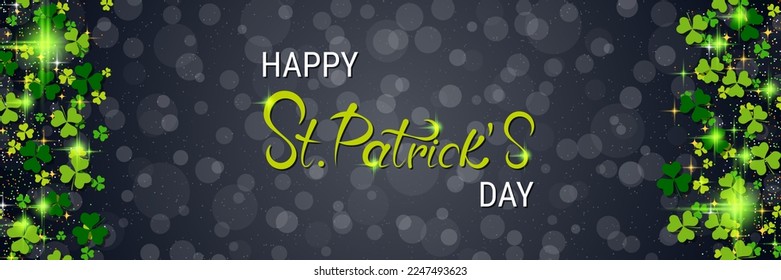 St.Patrick's Day vector banner template. Black background with colorful clover leaves