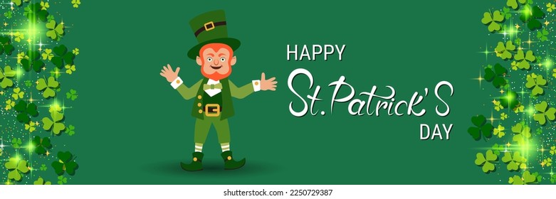 St.Patrick's Day Vektorbanner-Vorlage. Grüner Hintergrund mit bunten Kleeblatten und Karikaturenkobal