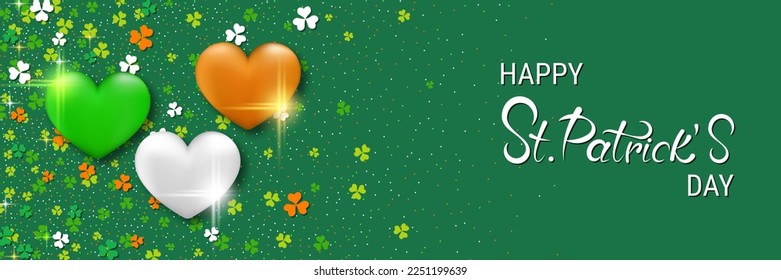 St.Patrick's Day vector banner template. Green background with colorful clover leaves and hearts