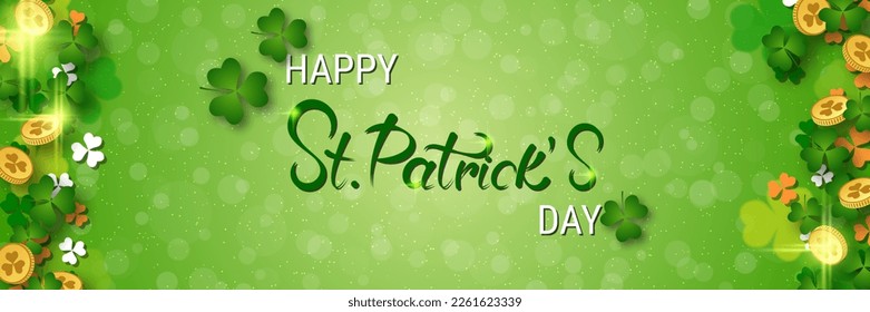 St.Patrick's Day vector banner template. Green background with colorful clover leaves