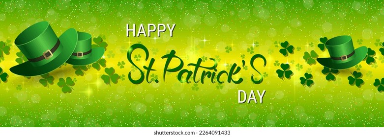 St.Patrick's Day vector banner template. Green background with colorful clover leaves