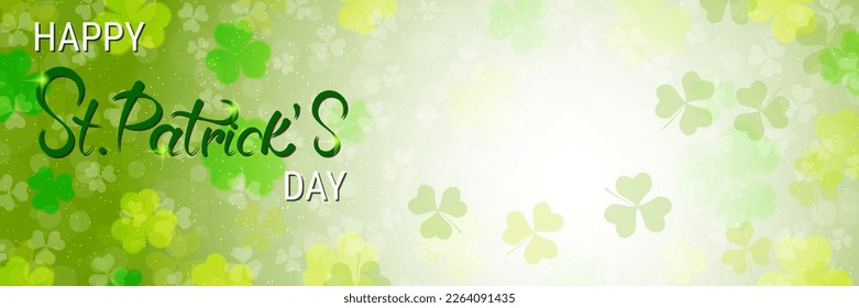 St.Patrick's Day vector banner template. Green background with colorful clover leaves