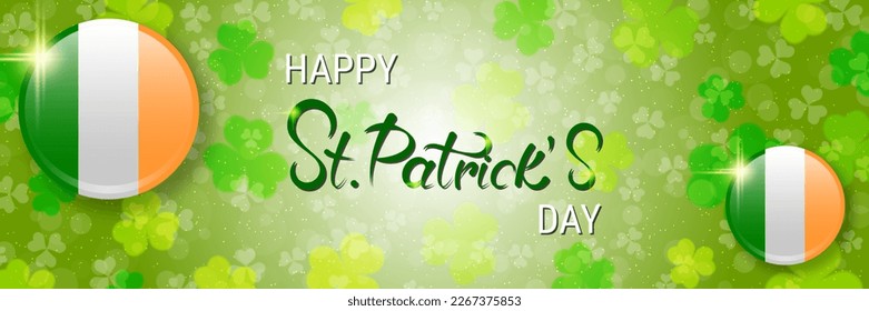St.Patrick's Day vector banner template. Green background with colorful clover leaves