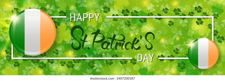St.Patrick's Day vector banner template. Green background with colorful clover leaves