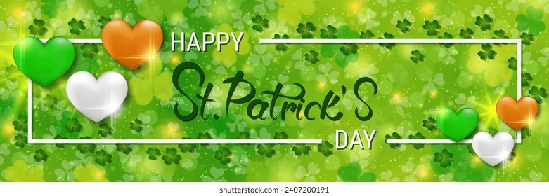 St.Patrick's Day vector banner template. Green background with colorful clover leaves