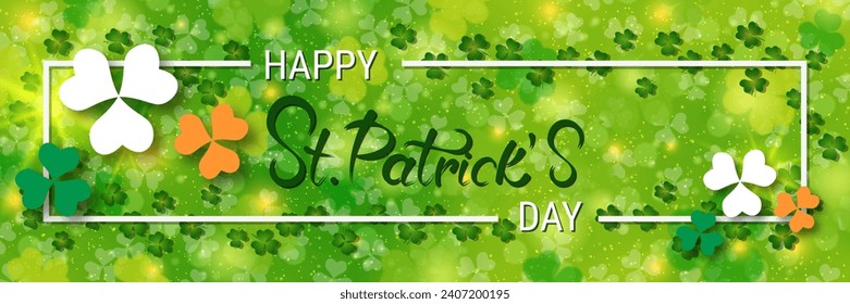 St.Patrick's Day vector banner template. Green background with colorful clover leaves