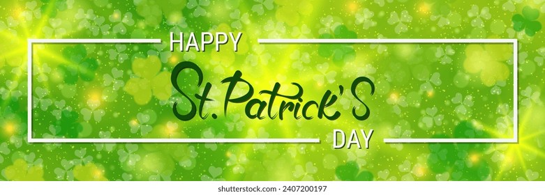 St.Patrick's Day vector banner template. Green background with colorful clover leaves