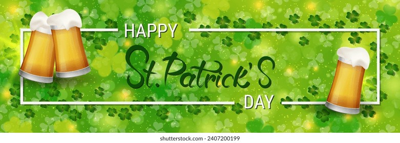 St.Patrick's Day vector banner template. Green background with colorful clover leaves