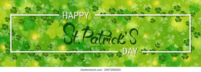 St.Patrick's Day vector banner template. Green background with colorful clover leaves