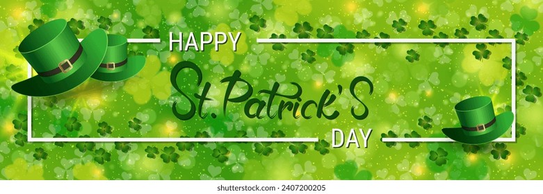 St.Patrick's Day vector banner template. Green background with colorful clover leaves