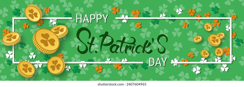 St.Patrick's Day vector banner template. Green background with colorful clover leaves