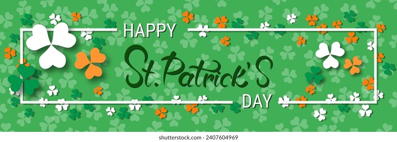 St.Patrick's Day vector banner template. Green background with colorful clover leaves