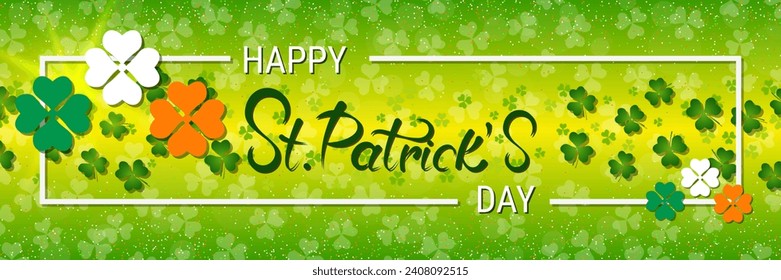 St.Patrick's Day vector banner template. Green background with colorful clover leaves