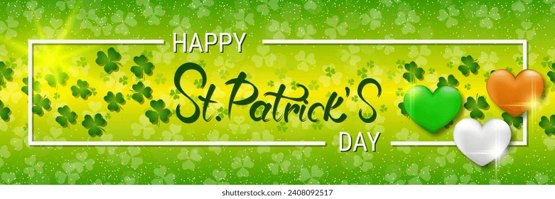 St.Patrick's Day vector banner template. Green background with colorful clover leaves