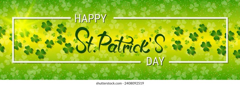 St.Patrick's Day vector banner template. Green background with colorful clover leaves