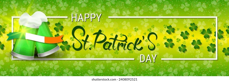 St.Patrick's Day vector banner template. Green background with colorful clover leaves