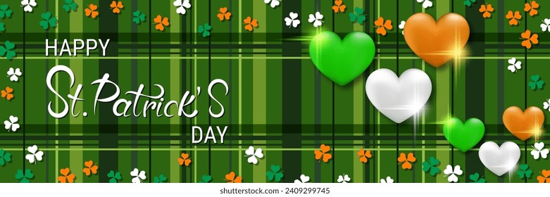St.Patrick's Day vector banner template. Green plaid background with colorful clover leaves