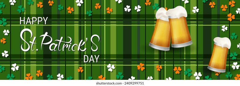 St.Patrick's Day vector banner template. Green plaid background with colorful clover leaves