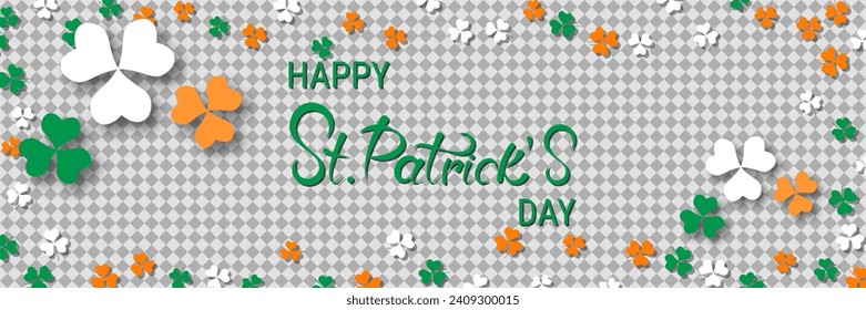 St.Patrick's Day vector banner template. Transparent background with colorful clover leaves