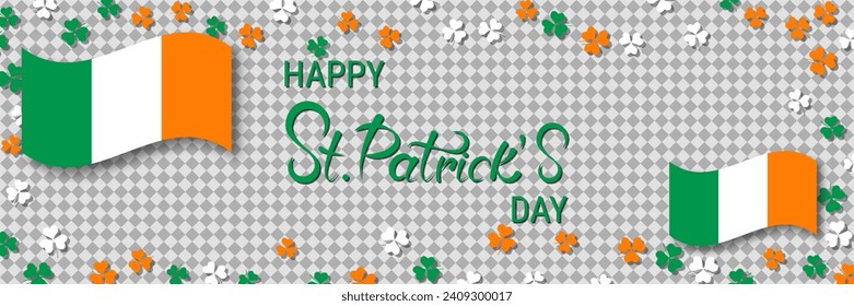 St.Patrick's Day vector banner template. Transparent background with colorful clover leaves