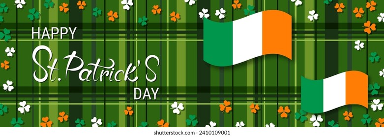St.Patrick's Day vector banner template. Green plaid background with colorful clover leaves