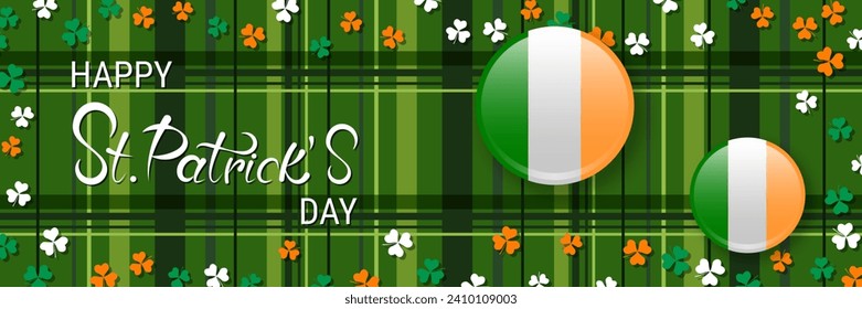 St.Patrick's Day vector banner template. Green plaid background with colorful clover leaves