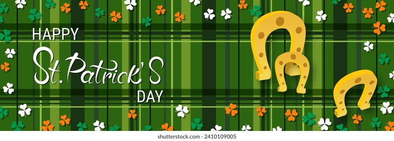 St.Patrick's Day vector banner template. Green plaid background with colorful clover leaves