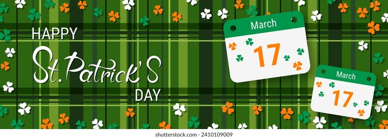 St.Patrick's Day vector banner template. Green plaid background with colorful clover leaves