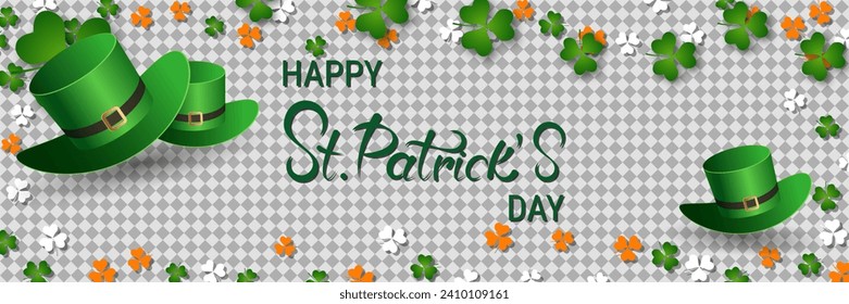 St.Patrick's Day vector banner template. Transparent background with colorful clover leaves