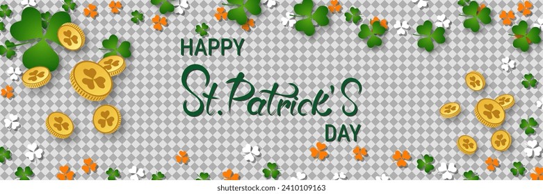 St.Patrick's Day vector banner template. Transparent background with colorful clover leaves