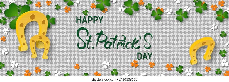 St.Patrick's Day vector banner template. Transparent background with colorful clover leaves