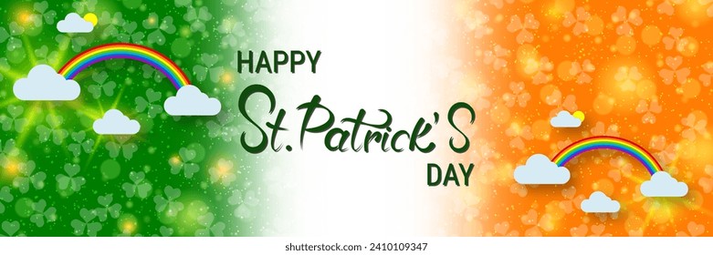 St.Patrick's Day vector banner template. Irish flag background with colorful clover leaves