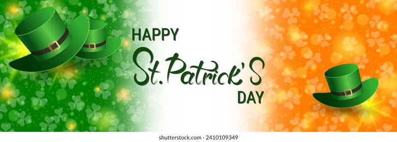 St.Patrick's Day vector banner template. Irish flag background with colorful clover leaves