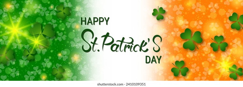 St.Patrick's Day vector banner template. Irish flag background with colorful clover leaves