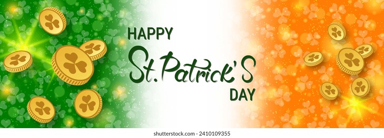 St.Patrick's Day vector banner template. Irish flag background with colorful clover leaves
