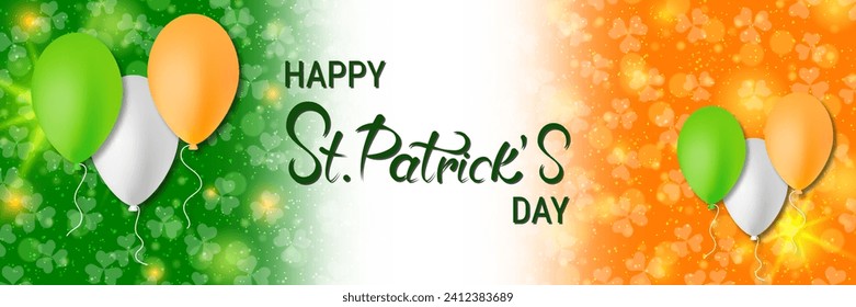 St.Patrick's Day vector banner template. Irish flag background with colorful clover leaves